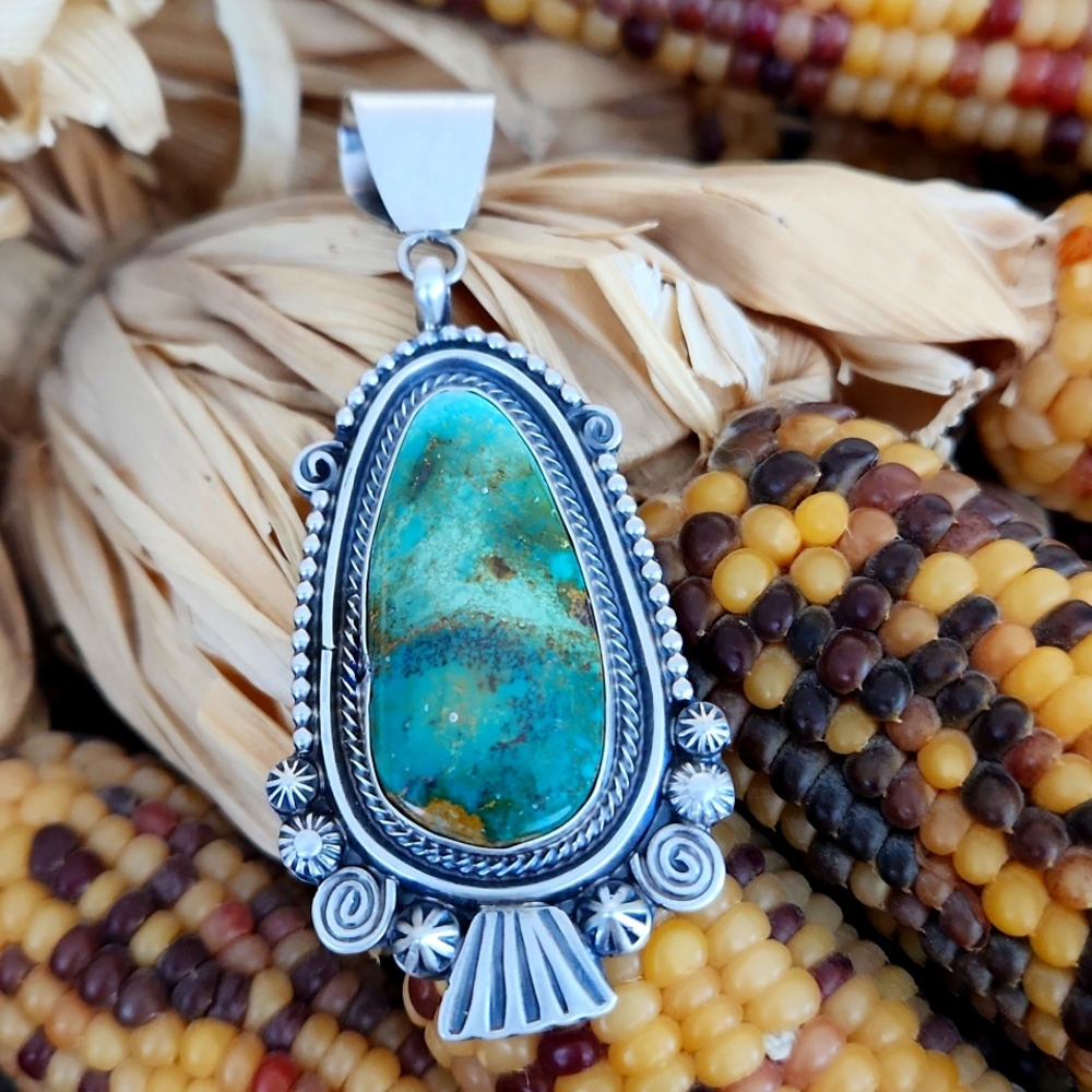 NWOT Native American Navajo Royston Turquoise & Sterling Large Pendant 💙💚🎁